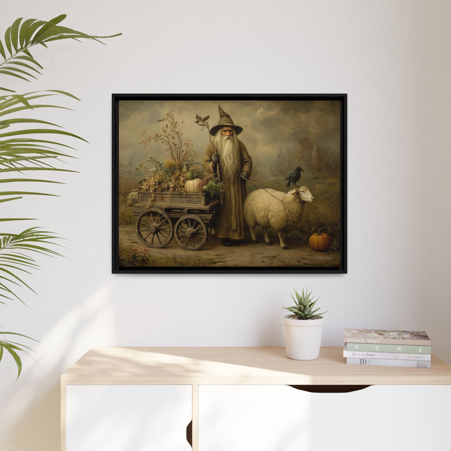 Autumn Harvest Canvas Art, Framed Wall Decor, Fall Home Decor, Witch Art for Halloween, Rustic Farmhouse Decoration, Seasonal Wall Hanging