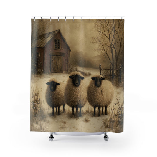 Rustic Sheep Shower Curtain - Farmhouse Decor, Cozy Cottage Vibe,