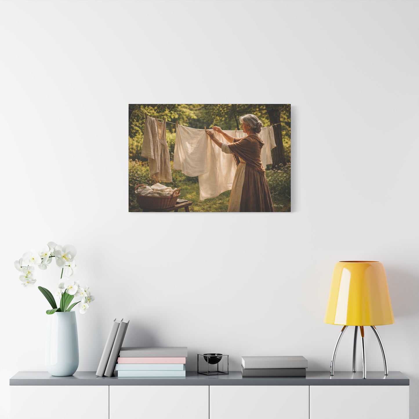 Domestic Canvas Wall Art — Vintage Woman Hanging Laundry, Rustic Cottagecore Home Decor