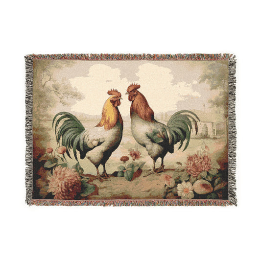 Rustic Rooster Woven Blanket - Cozy Farmhouse Decor