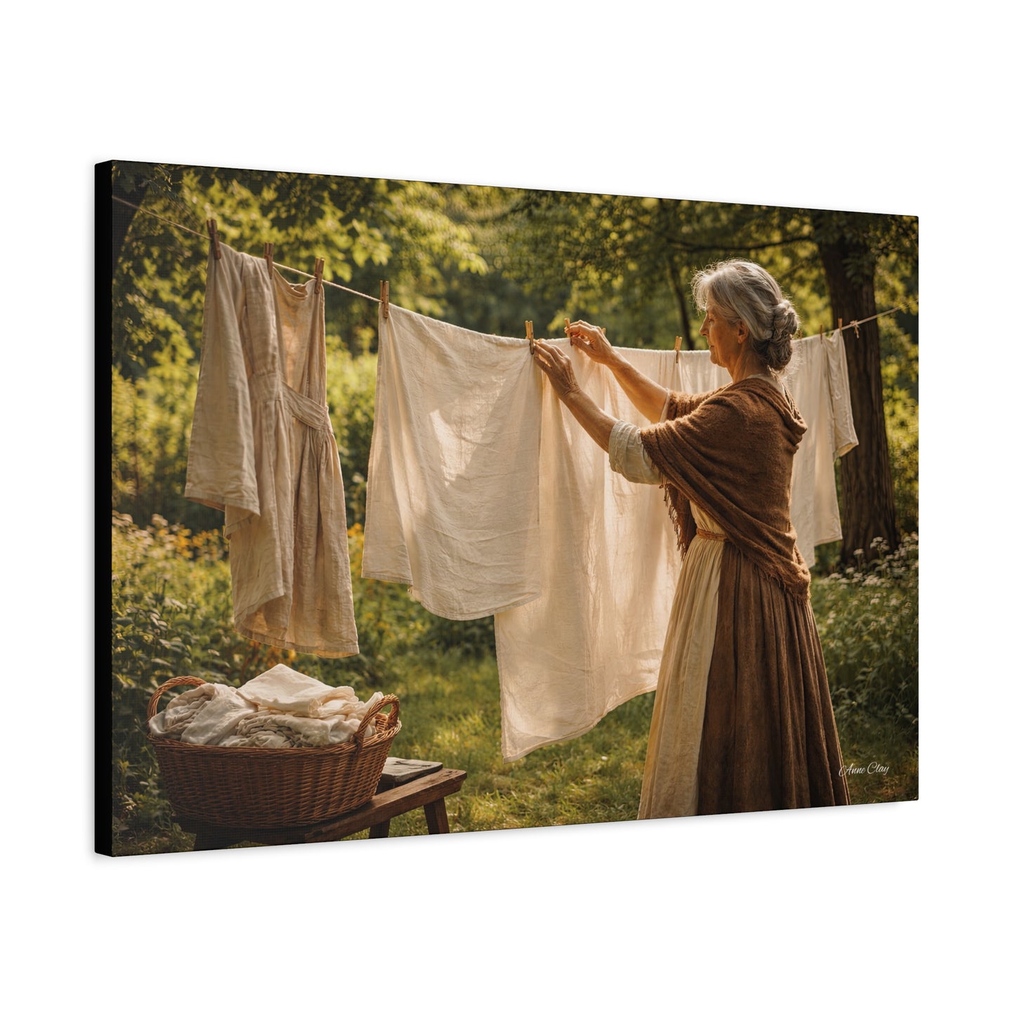 Domestic Canvas Wall Art — Vintage Woman Hanging Laundry, Rustic Cottagecore Home Decor