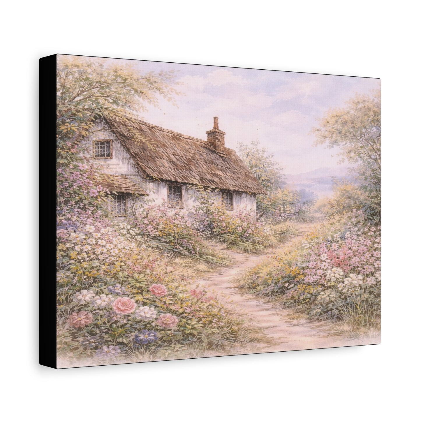 Cottage Garden Matte Canvas Wall Art — Pastel Floral Country Path Print, Stretched 1.25"