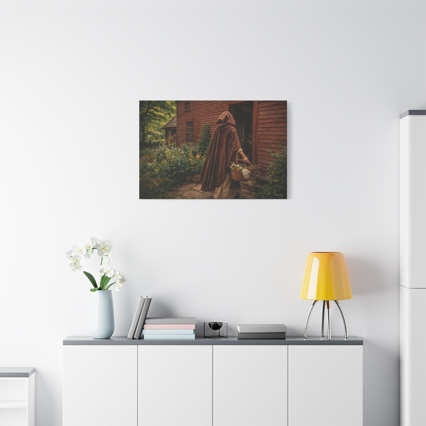 Domestic Rustic Cottage Woman Canvas Wall Art – Vintage Cloak & Basket Matte Stretched Print