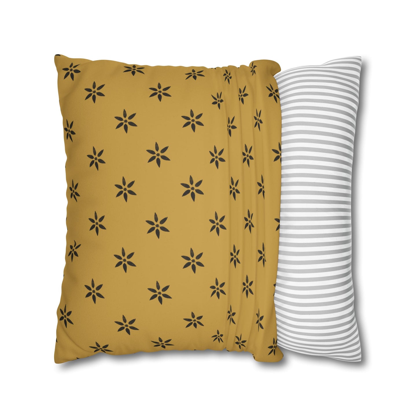 Black 6 Pointed Petal Stencil on Gold Faux Suede Square Pillowcase