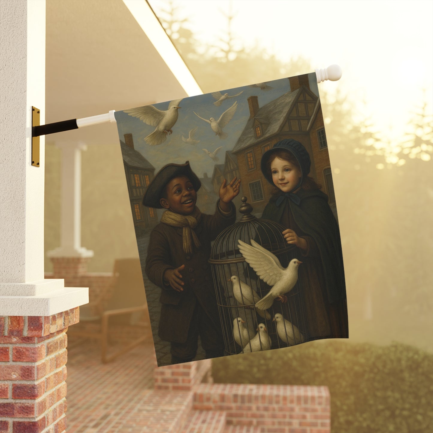 Whimsical Garden Banner - Charming Kids with Doves Design