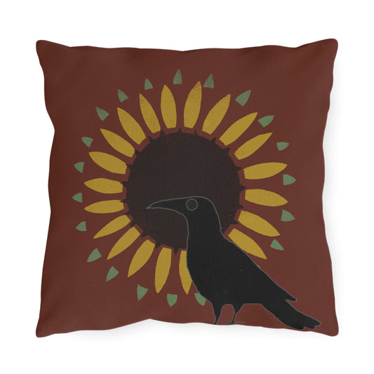 Crow on Sunflower Stencil on Red Outdoor Pillows