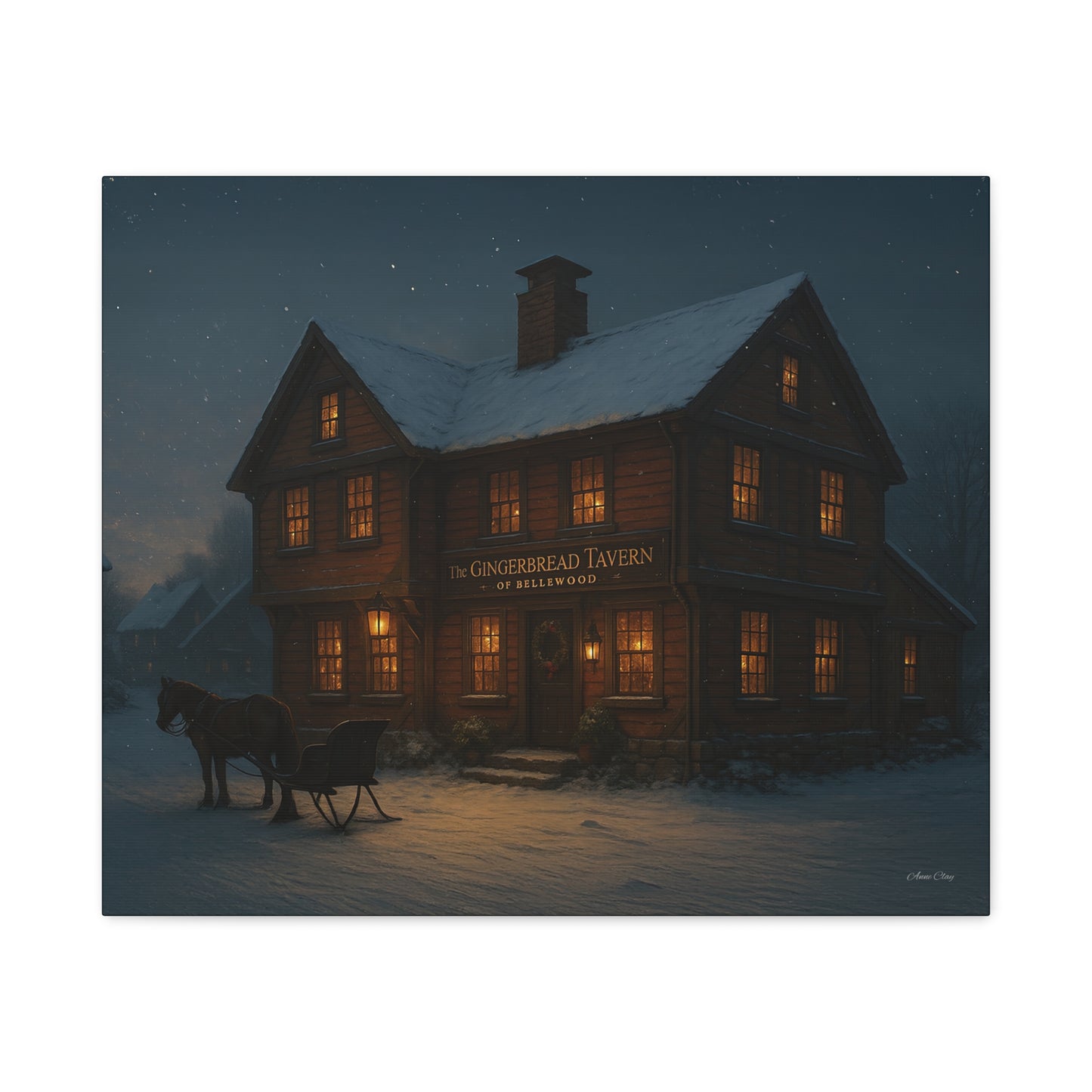 Gingerbread Tavern Winter Night Matte Stretched Canvas