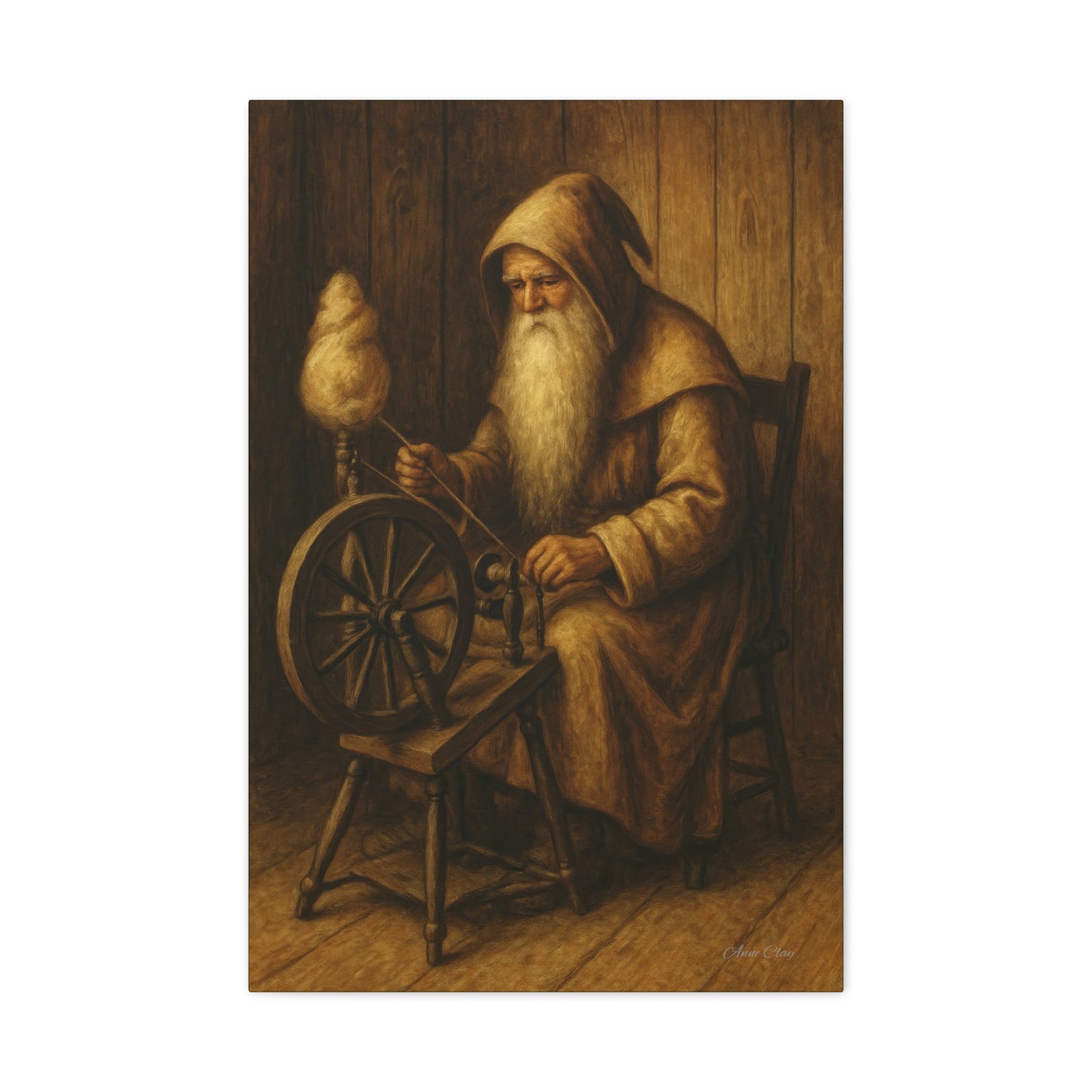 Spinning Wheel Santa, Canvas Print, Cozy Home Decor, Art for Craft Lovers, Perfect Gift for Holidays, Wall Art, Old World Santa