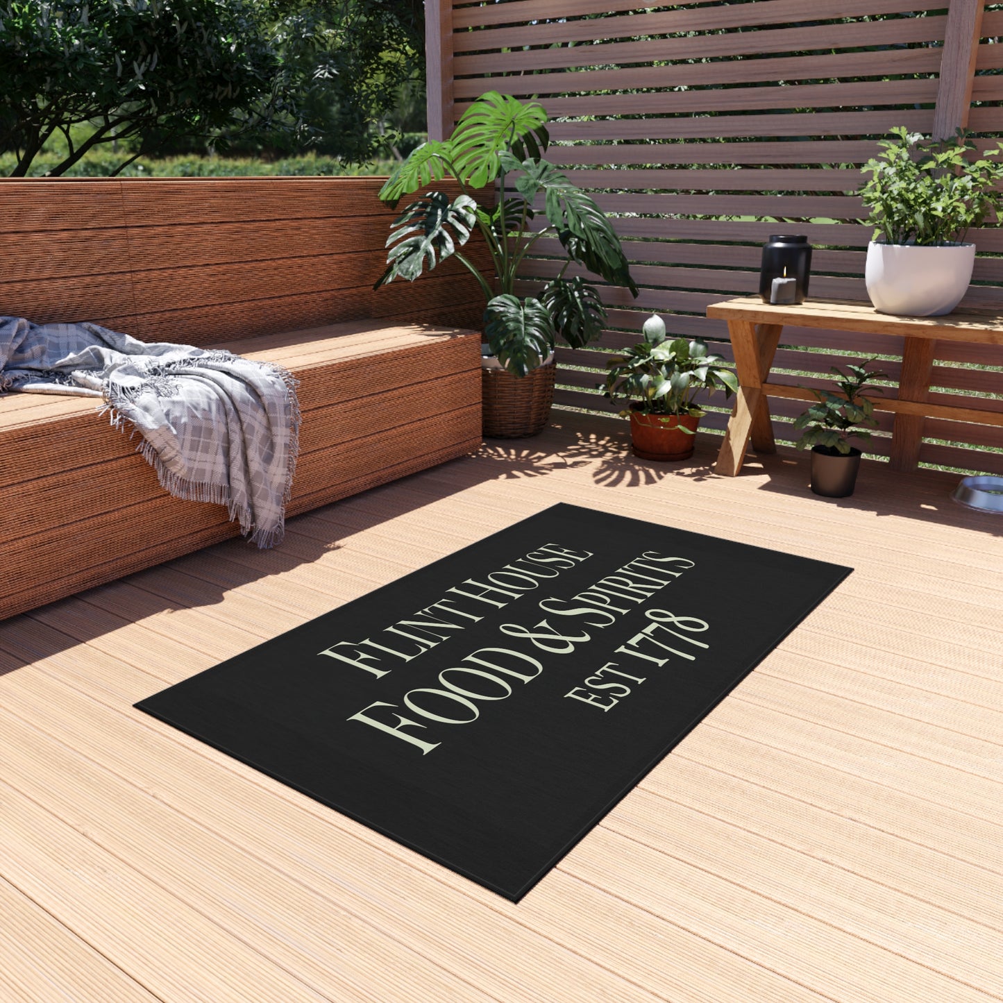 Elegant Outdoor Rug for Patios and Porches - 'Flint House Food & Spirits' Design