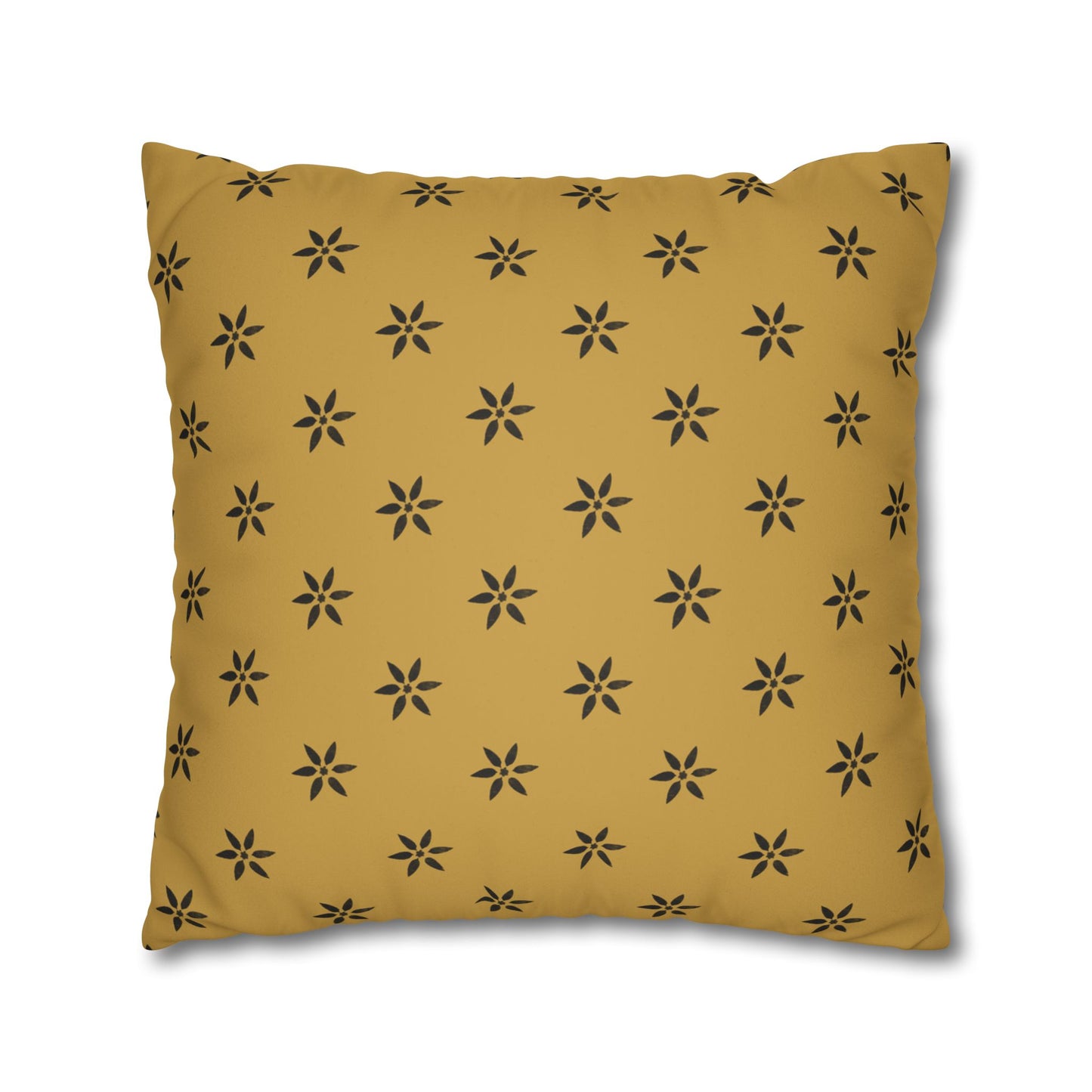 Black 6 Pointed Petal Stencil on Gold Faux Suede Square Pillowcase