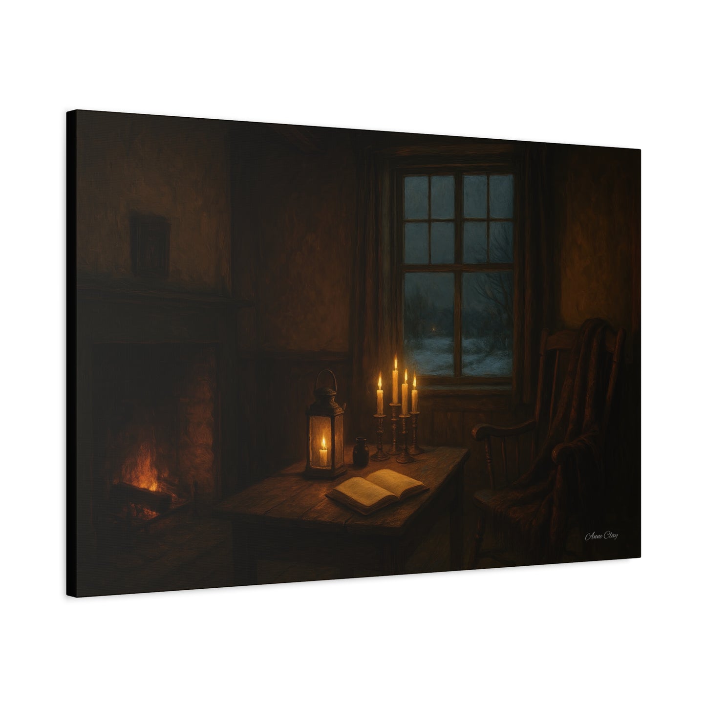Cozy Candlelit Canvas Art, Home Decor, Warm Atmosphere, Gift for Book Lovers, Rustic Wall Art, Cozy Living Room Decor