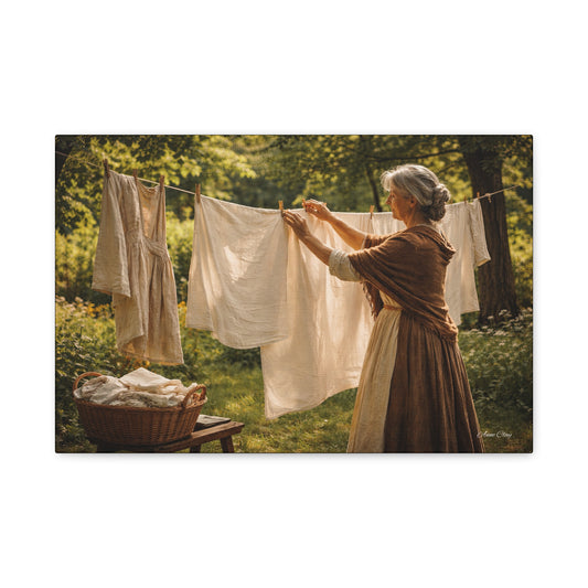 Domestic Canvas Wall Art — Vintage Woman Hanging Laundry, Rustic Cottagecore Home Decor