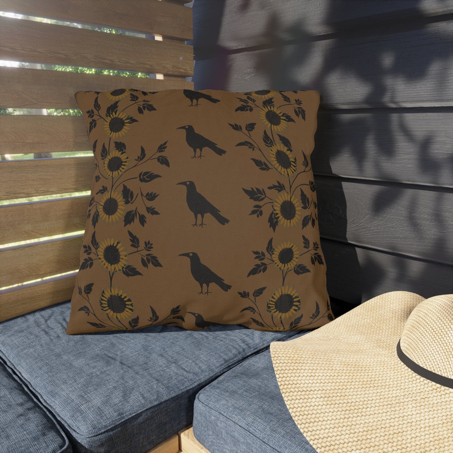 Sunflower and Crows on Gold Outdoor Pillows