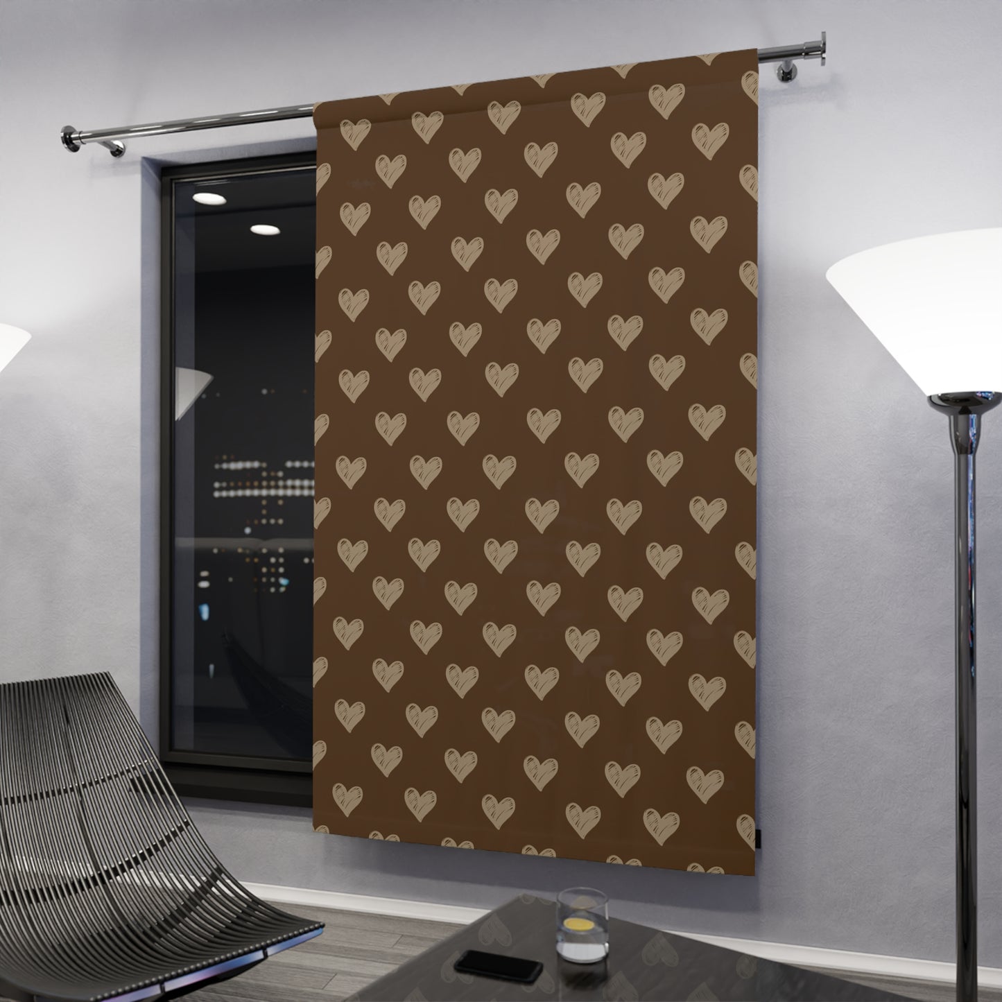 Cream Hearts Stencil on Chocolate Window Curtains (1 Piece)
