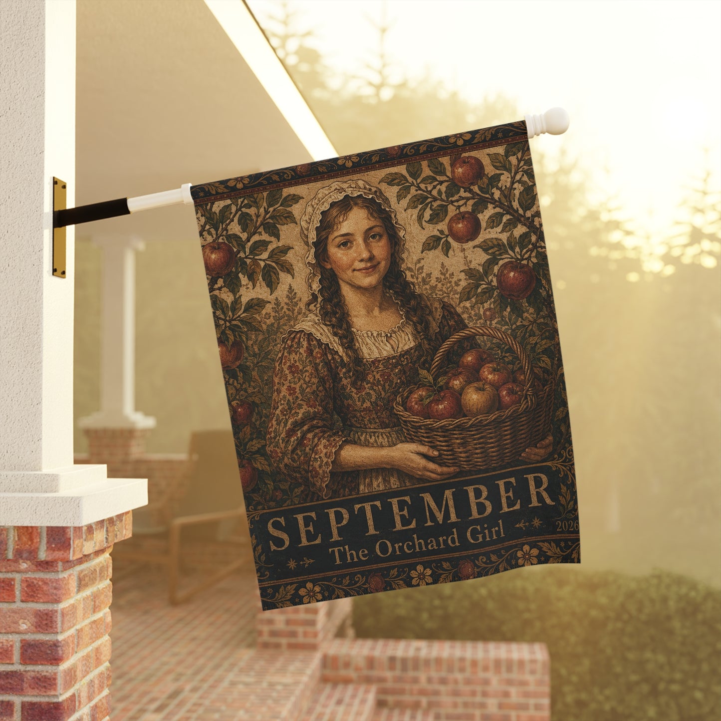 September Orchard Girl Garden Flag – Vintage Harvest House Banner