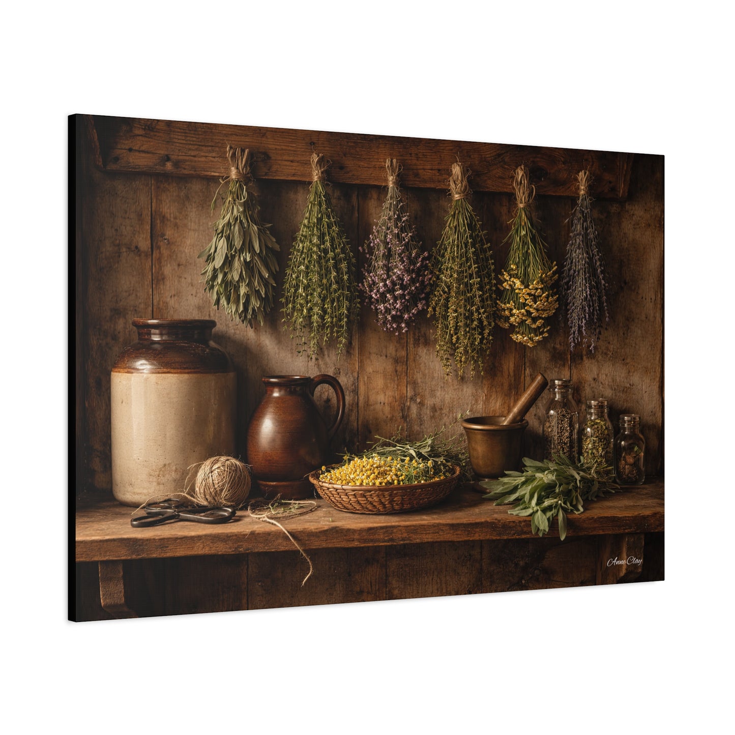 Domestic Rustic Herbal Kitchen Canvas Wall Art — Dried Herbs Still Life Matte Stretched Print