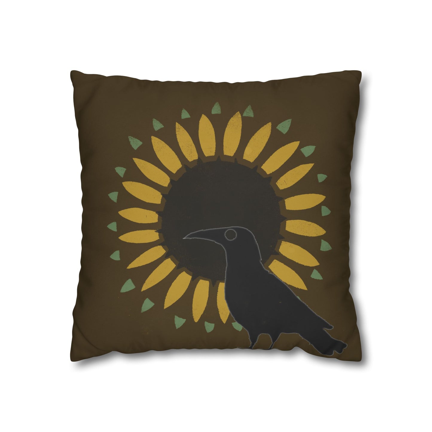 Sunflower and Crow on Brown/Green Square Poly Canvas Pillowcase
