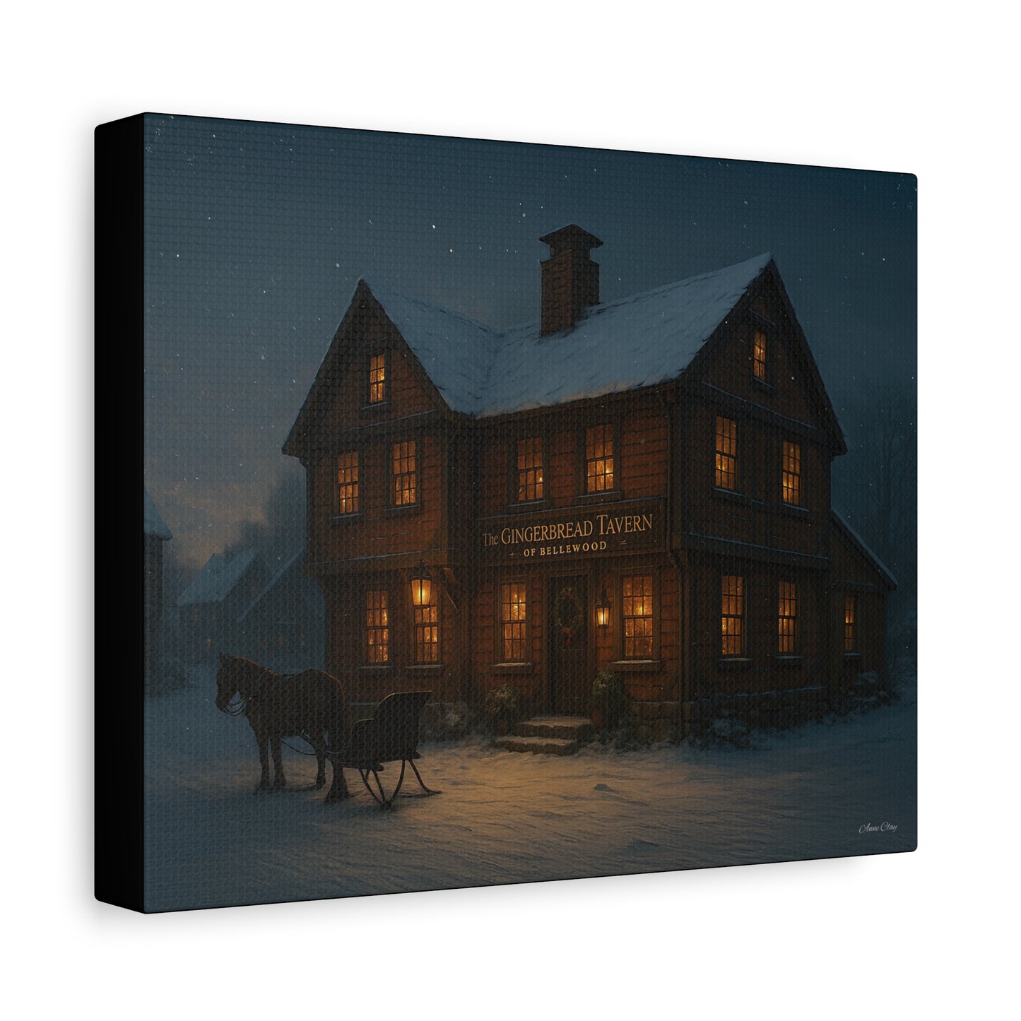 Gingerbread Tavern Winter Night Matte Stretched Canvas