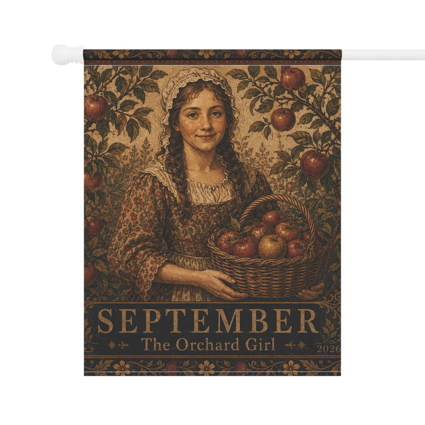 September Orchard Girl Garden Flag – Vintage Harvest House Banner