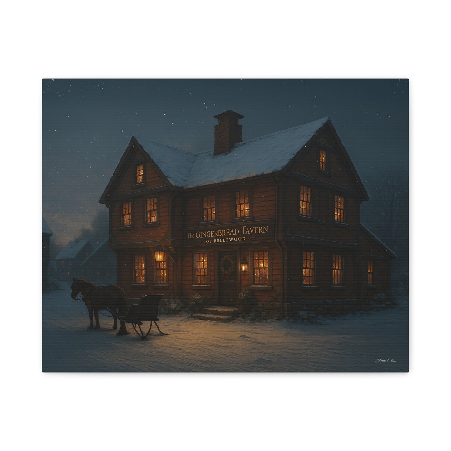 Gingerbread Tavern Winter Night Matte Stretched Canvas