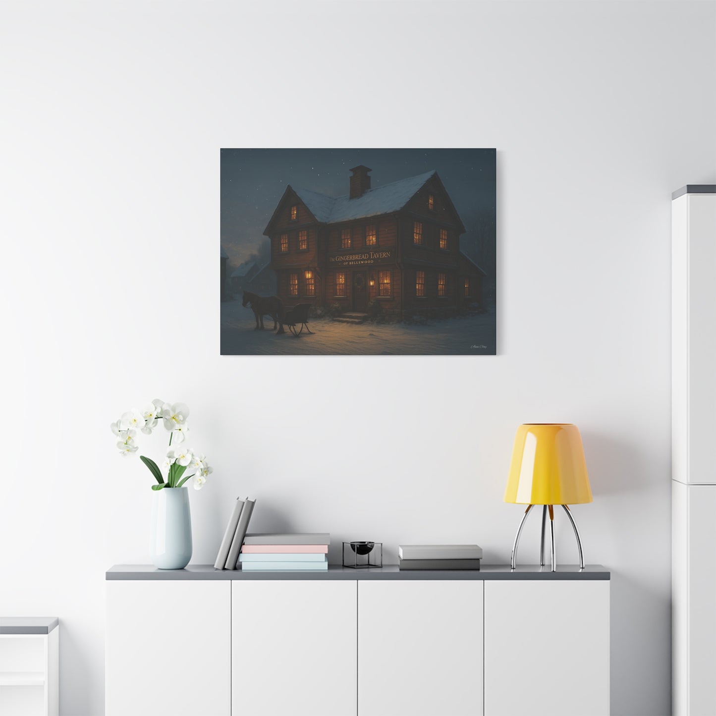 Gingerbread Tavern Winter Night Matte Stretched Canvas
