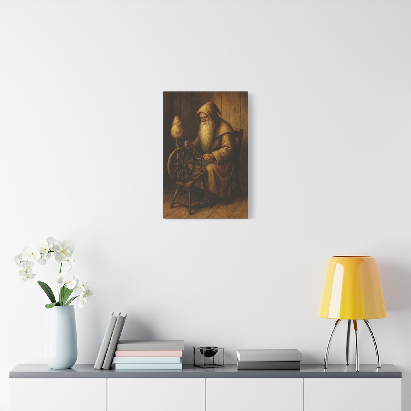 Spinning Wheel Santa, Canvas Print, Cozy Home Decor, Art for Craft Lovers, Perfect Gift for Holidays, Wall Art, Old World Santa
