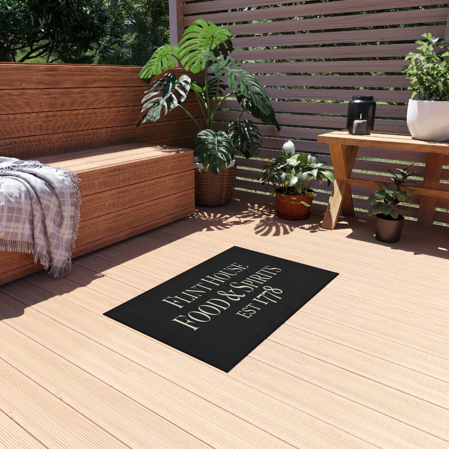 Elegant Outdoor Rug for Patios and Porches - 'Flint House Food & Spirits' Design