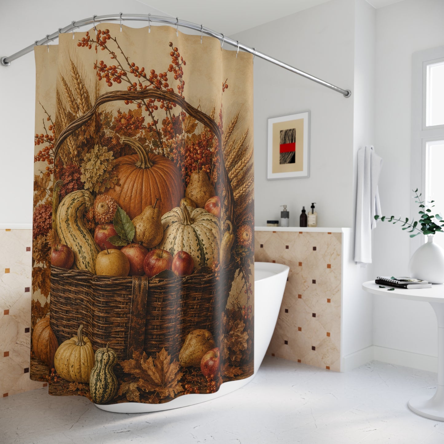 Autumn Harvest Shower Curtain — Rustic Pumpkin & Gourd Basket Fall Bathroom Decor