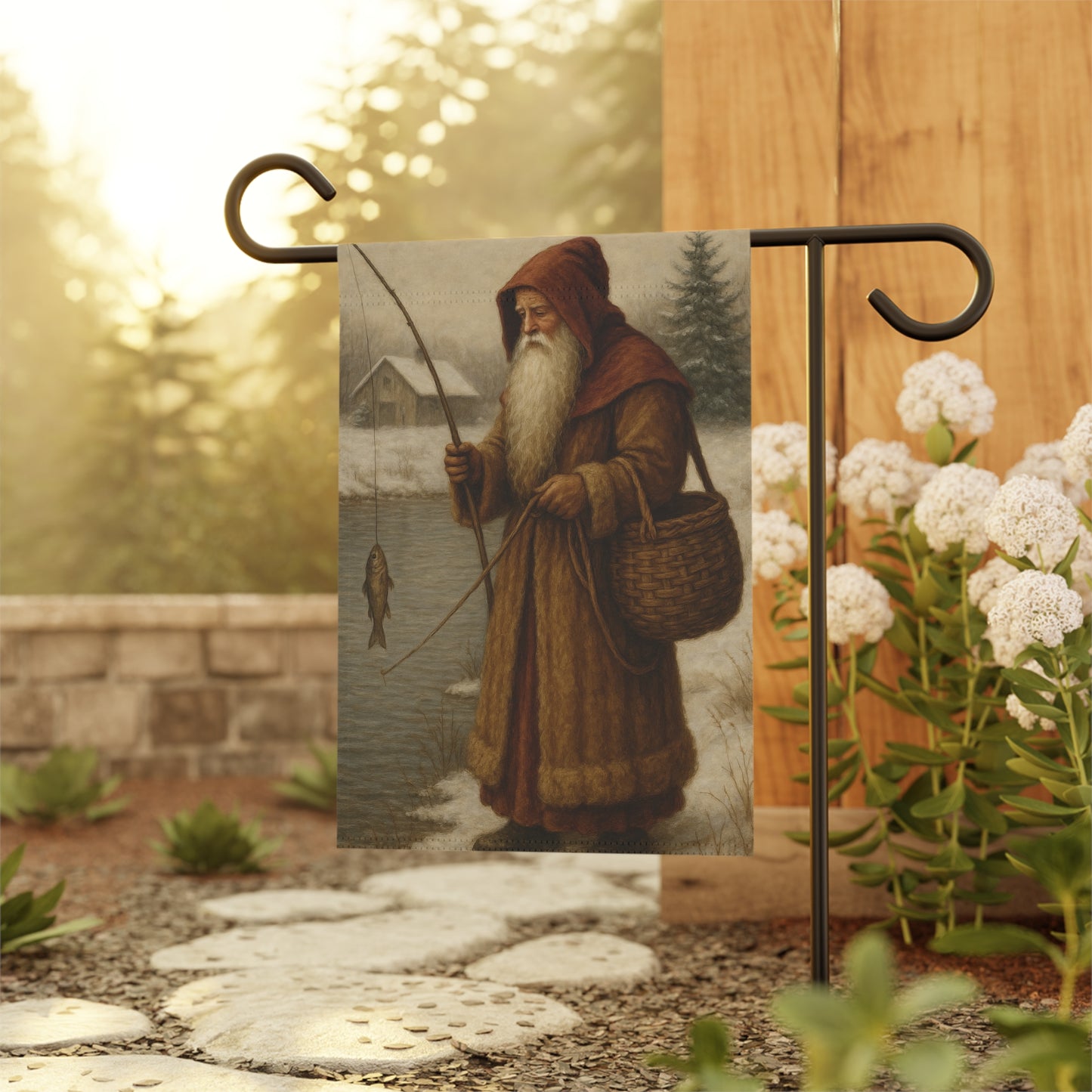 Fishing Decor Garden Banner with Winter Scene