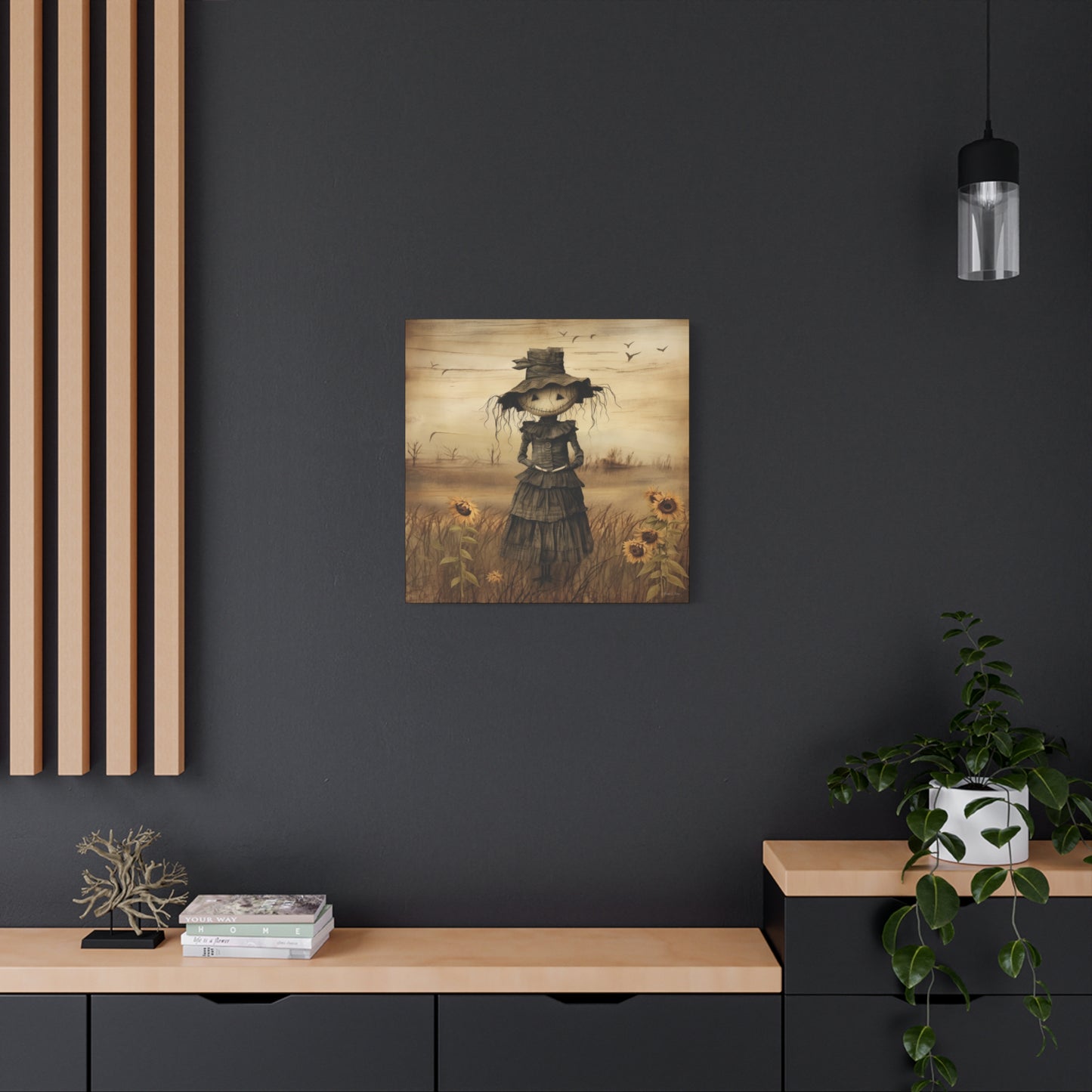 Halloween Scarecrow Canvas, Spooky Fall Decor, Autumn Wall Art, Trick or Treat Decoration, Scary Halloween Artwork, Pumpkin and Crow Design