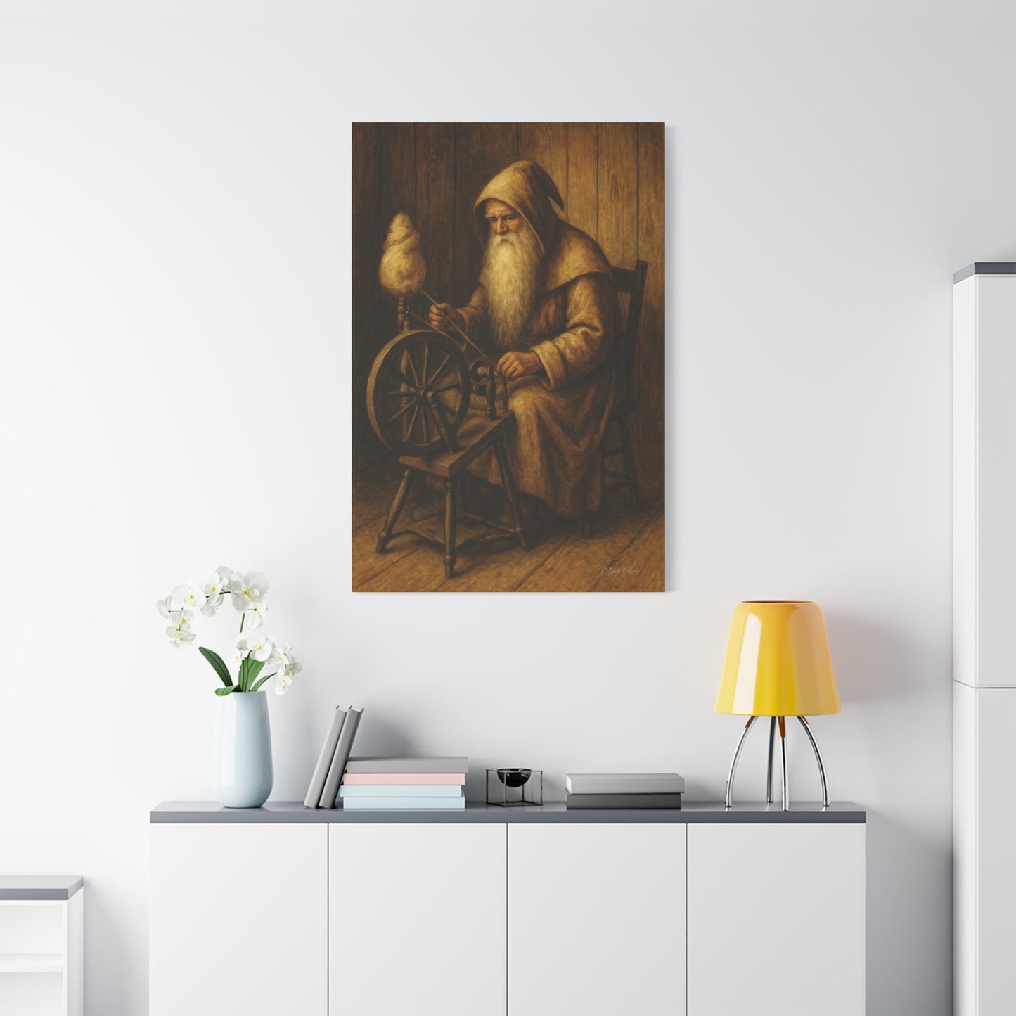 Spinning Wheel Santa, Canvas Print, Cozy Home Decor, Art for Craft Lovers, Perfect Gift for Holidays, Wall Art, Old World Santa