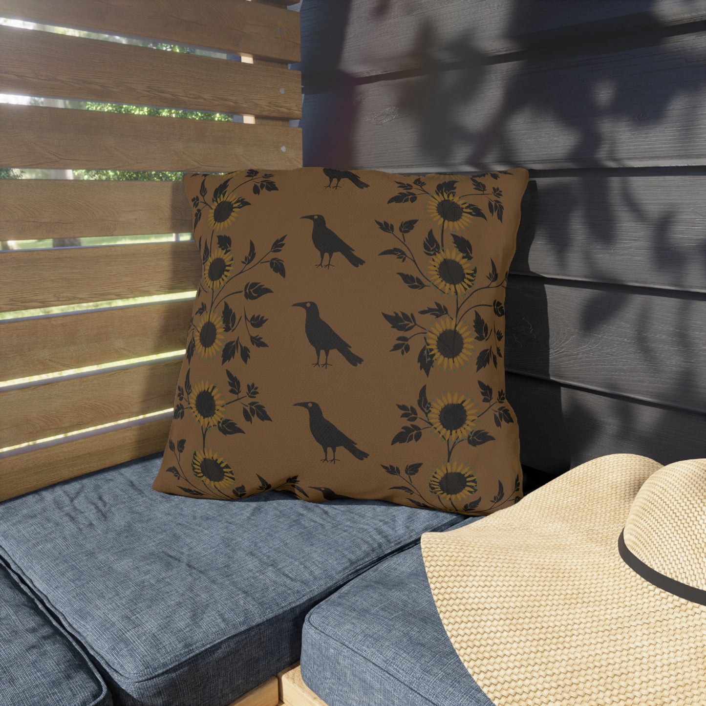 Sunflower and Crows on Gold Outdoor Pillows