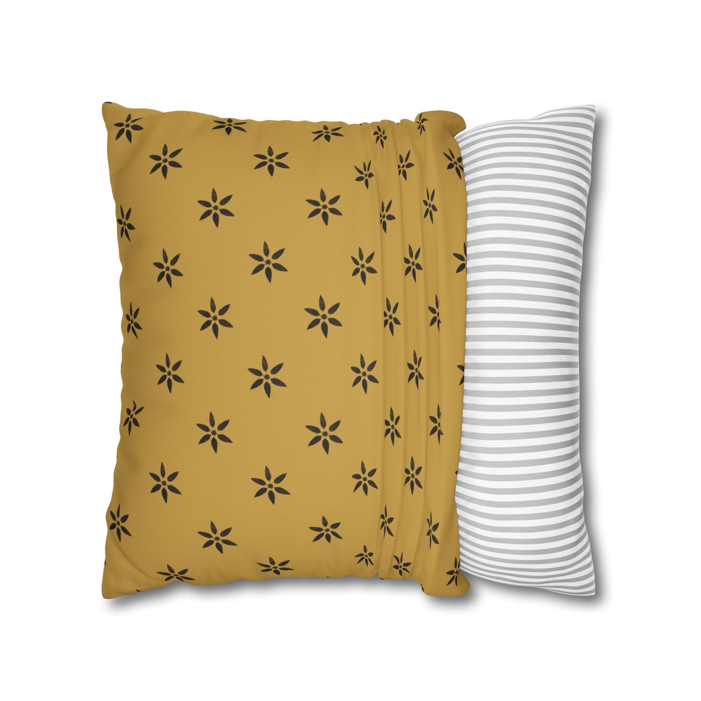 Black 6 Pointed Petal Stencil on Gold Faux Suede Square Pillowcase
