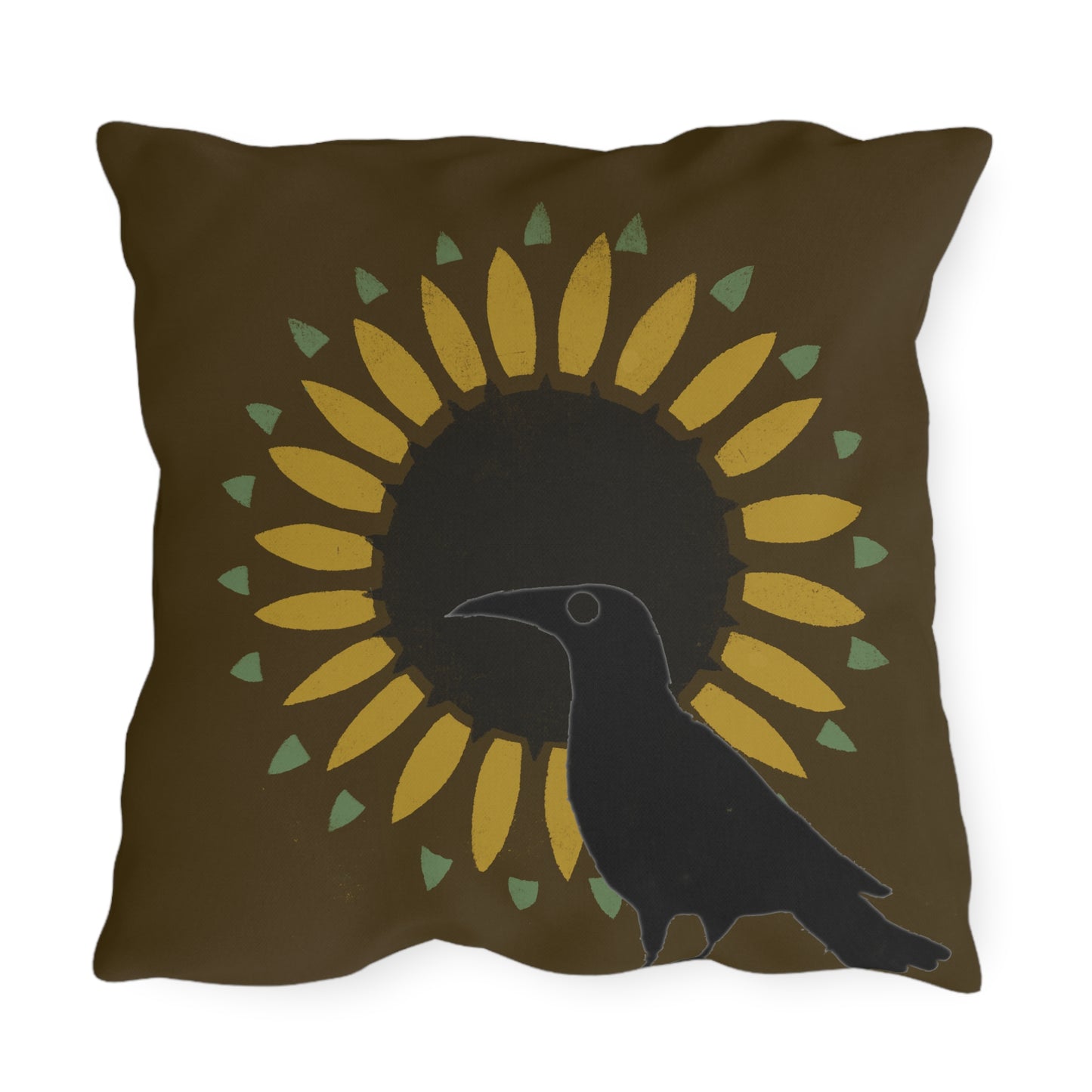 Crow. andSunflower on Brown Green Outdoor Pillows