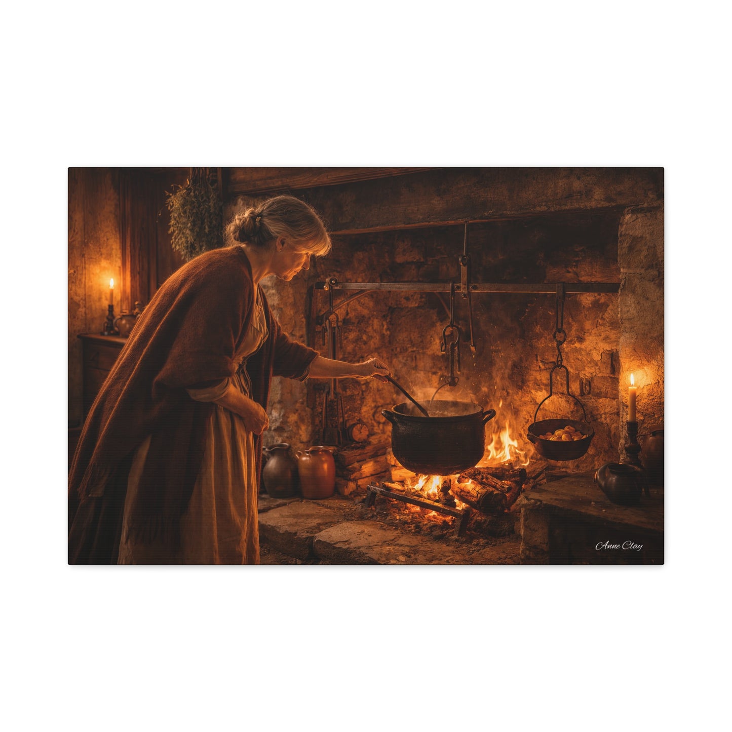 Domestic Colonial Woman at Hearth Matte Canvas