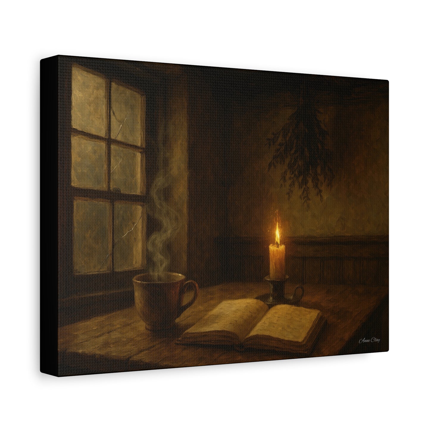 Cozy Candlelit Canvas Art, Wall Decor, Rustic Home Decor, Coffee Lovers Gift, Relaxing Room Artwork, Gift for Book Lovers