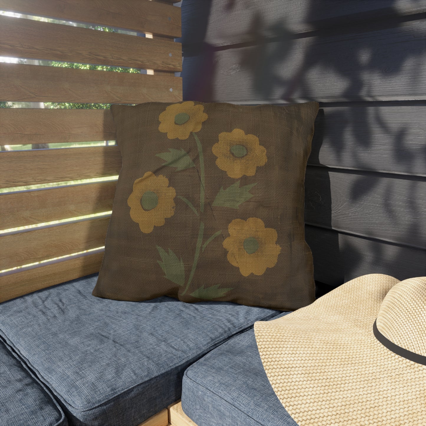 Primitive Distressed Stencil Flower on Brown Outdoor Pillows