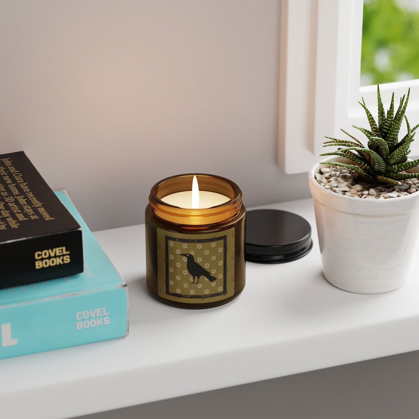 Patchwork Stencil Crow Scented Soy Candle (Multi-Size, Amber Jar)
