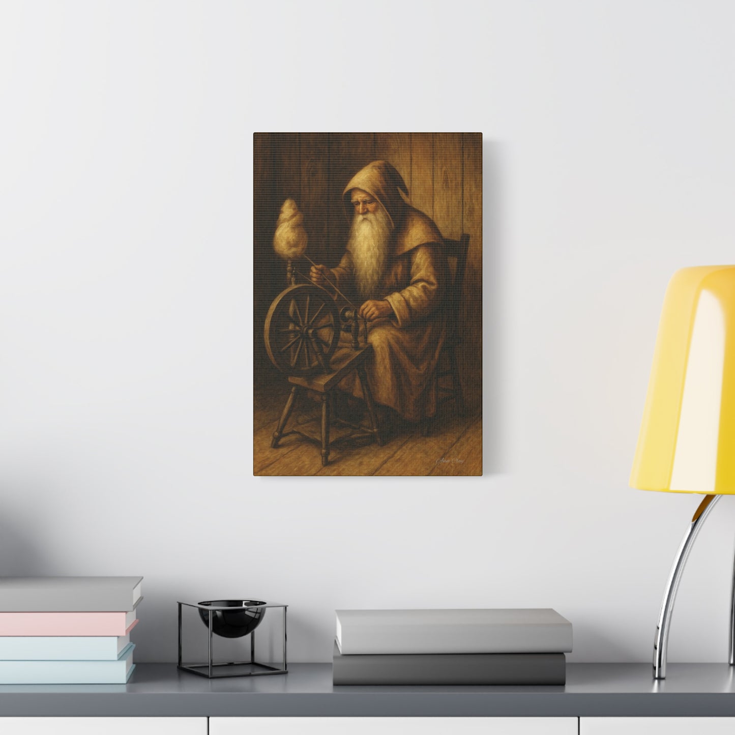 Spinning Wheel Santa, Canvas Print, Cozy Home Decor, Art for Craft Lovers, Perfect Gift for Holidays, Wall Art, Old World Santa