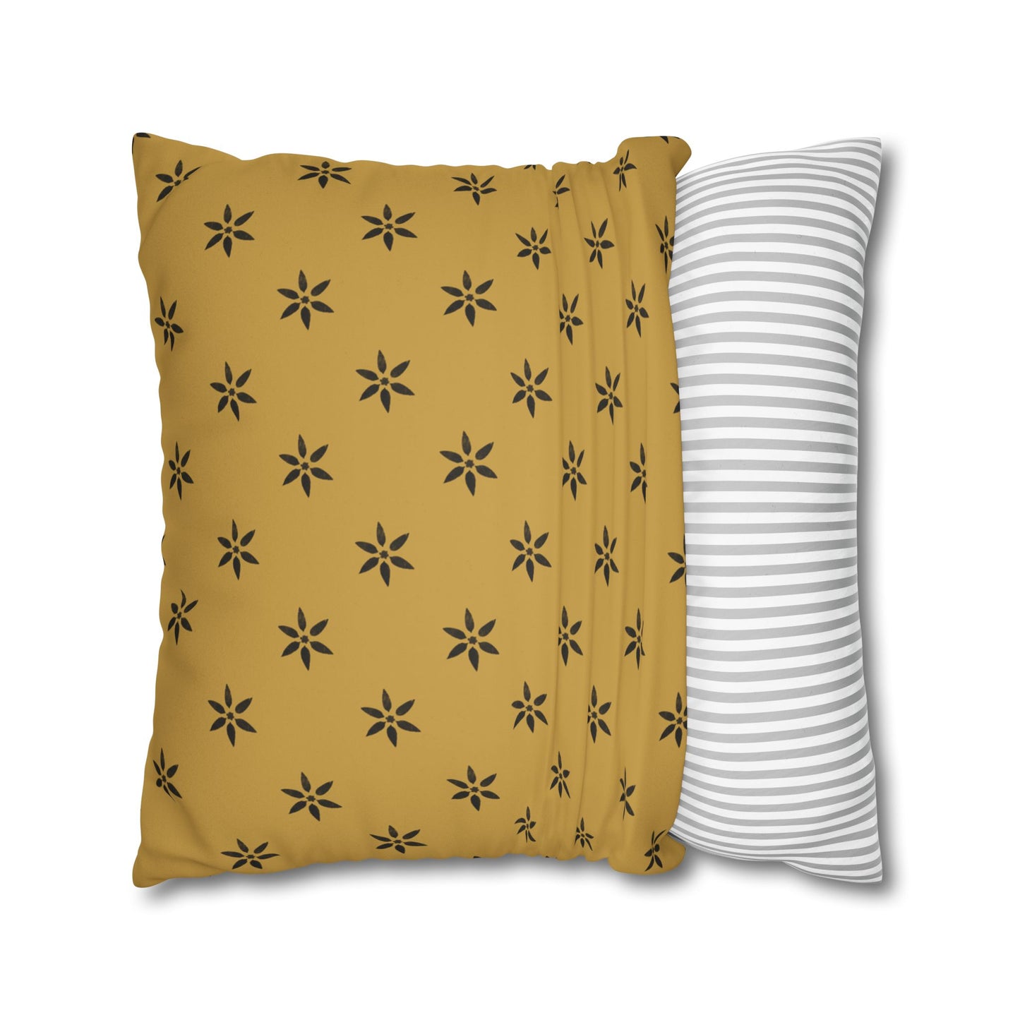 Black 6 Pointed Petal Stencil on Gold Faux Suede Square Pillowcase
