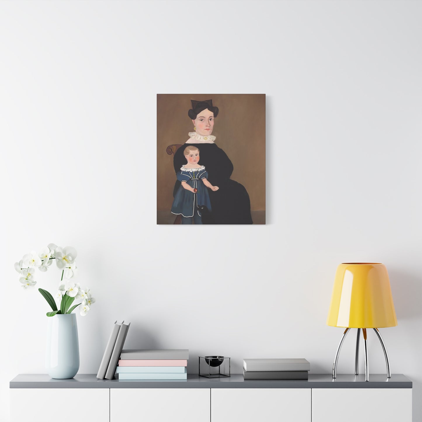 Early American Folk Art Mother and Child Vintage Portrait Canvas Art for Home Decor