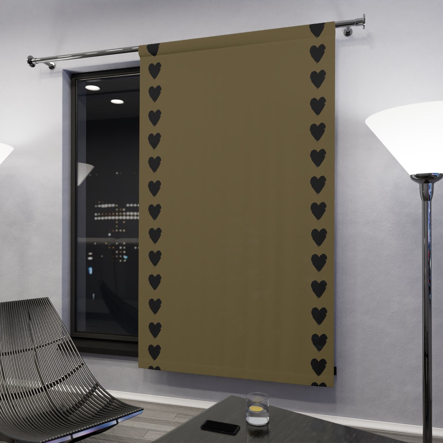 Black Hearts on Taupe Window Curtains (1 Piece)