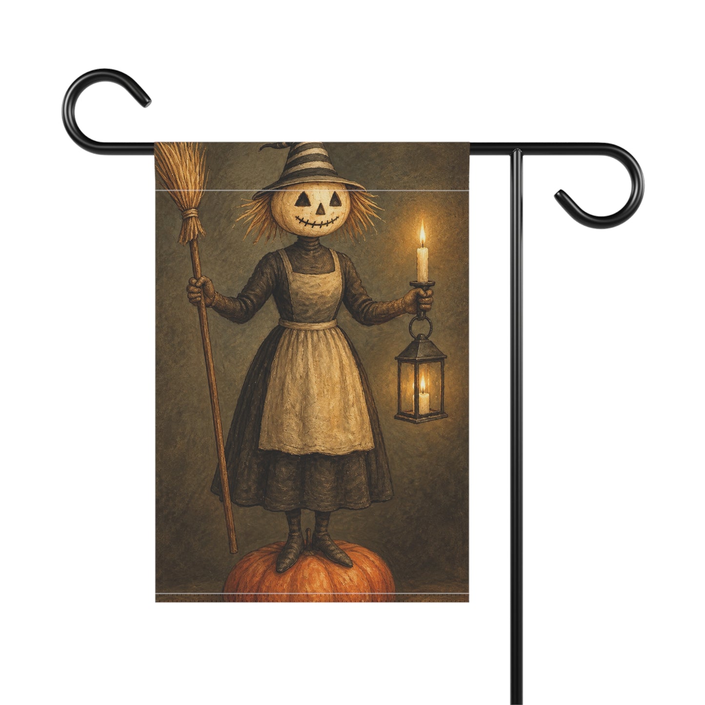 Halloween Scarecrow Garden Flag — Vintage Jack-o'-Lantern Lady Holding Lantern
