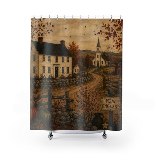 New England Autumn Village Shower Curtain — Rustic Farmhouse Bathroom Decor