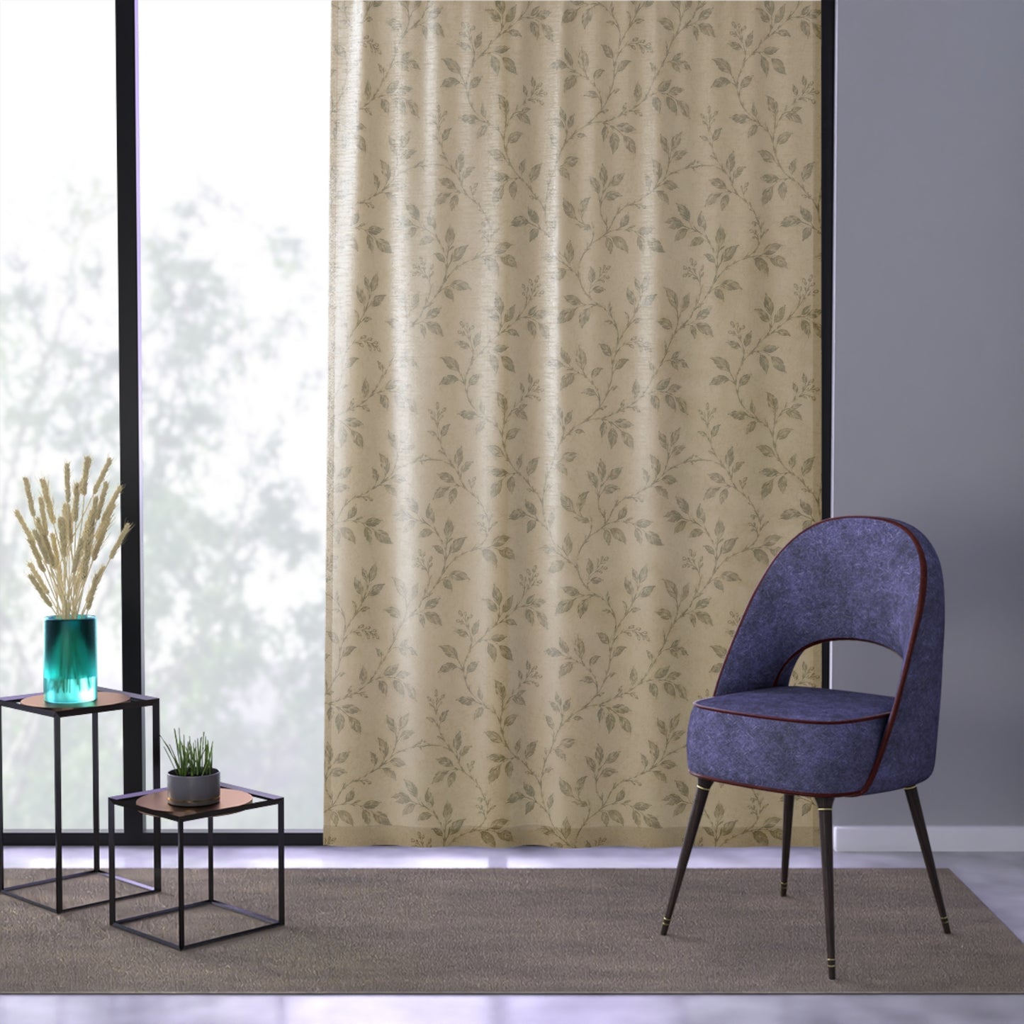 Beige Botanical Sheer Curtain – Light-Filtering Floral Window Panel