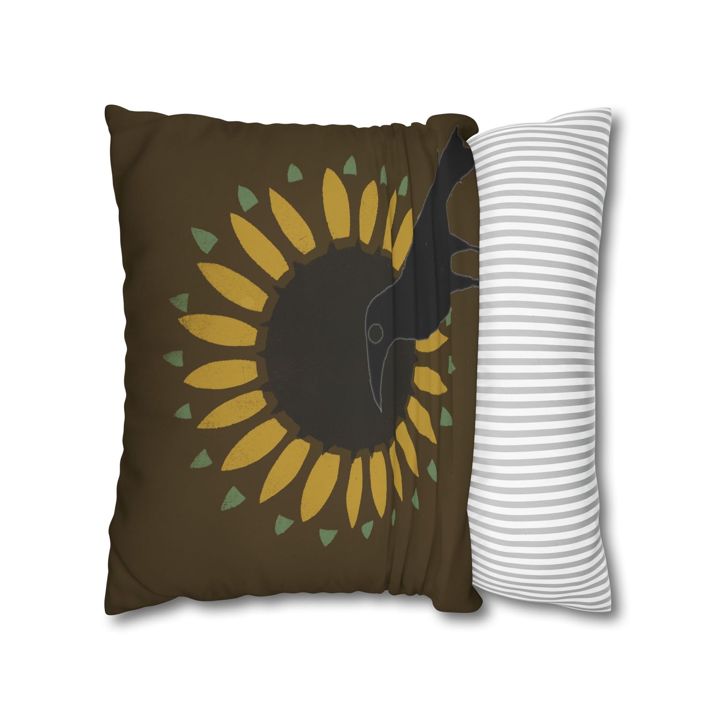 Sunflower and Crow on Brown/Green Square Poly Canvas Pillowcase
