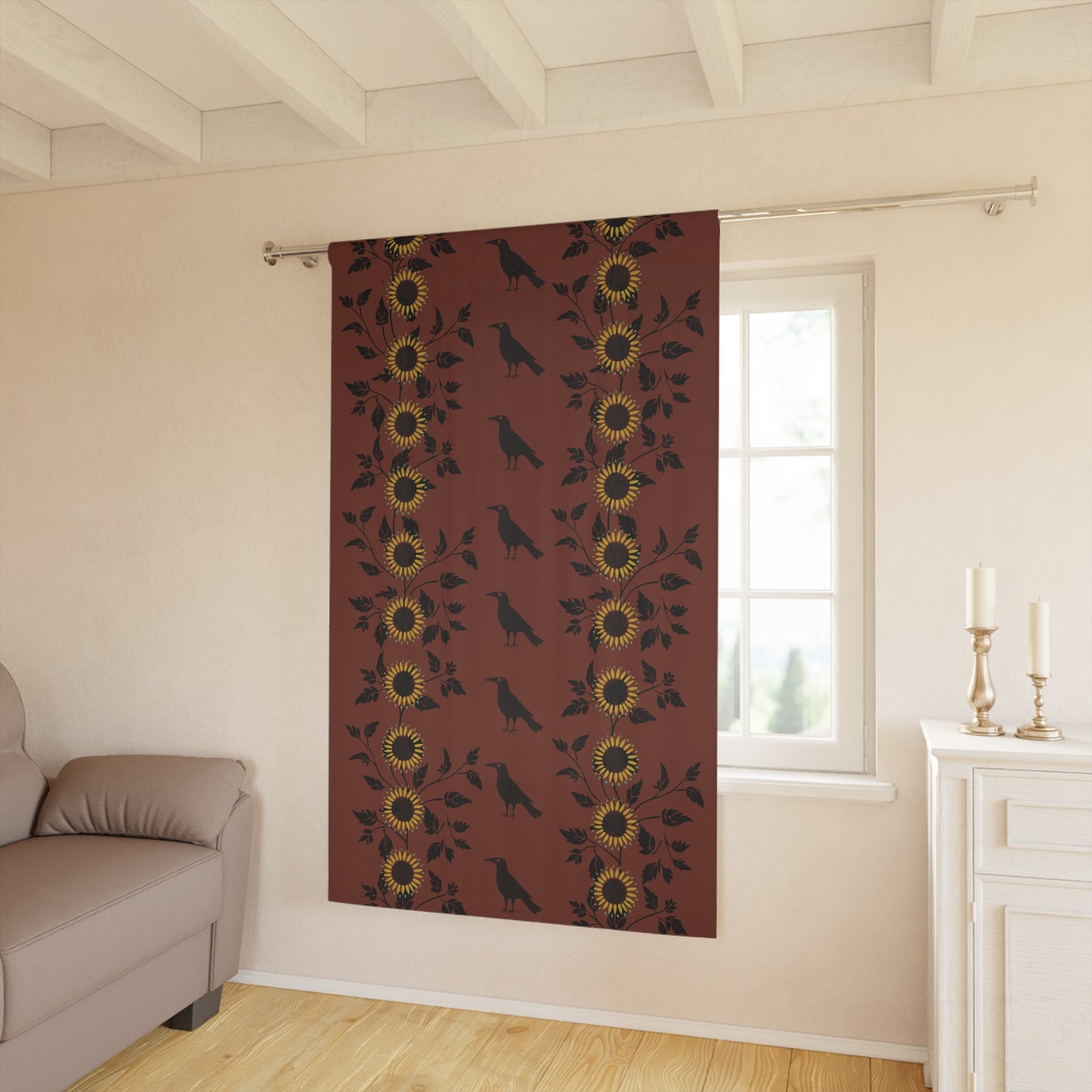 Sunflowrs and Crows Stencil on Red Window Curtains (1 Piece)