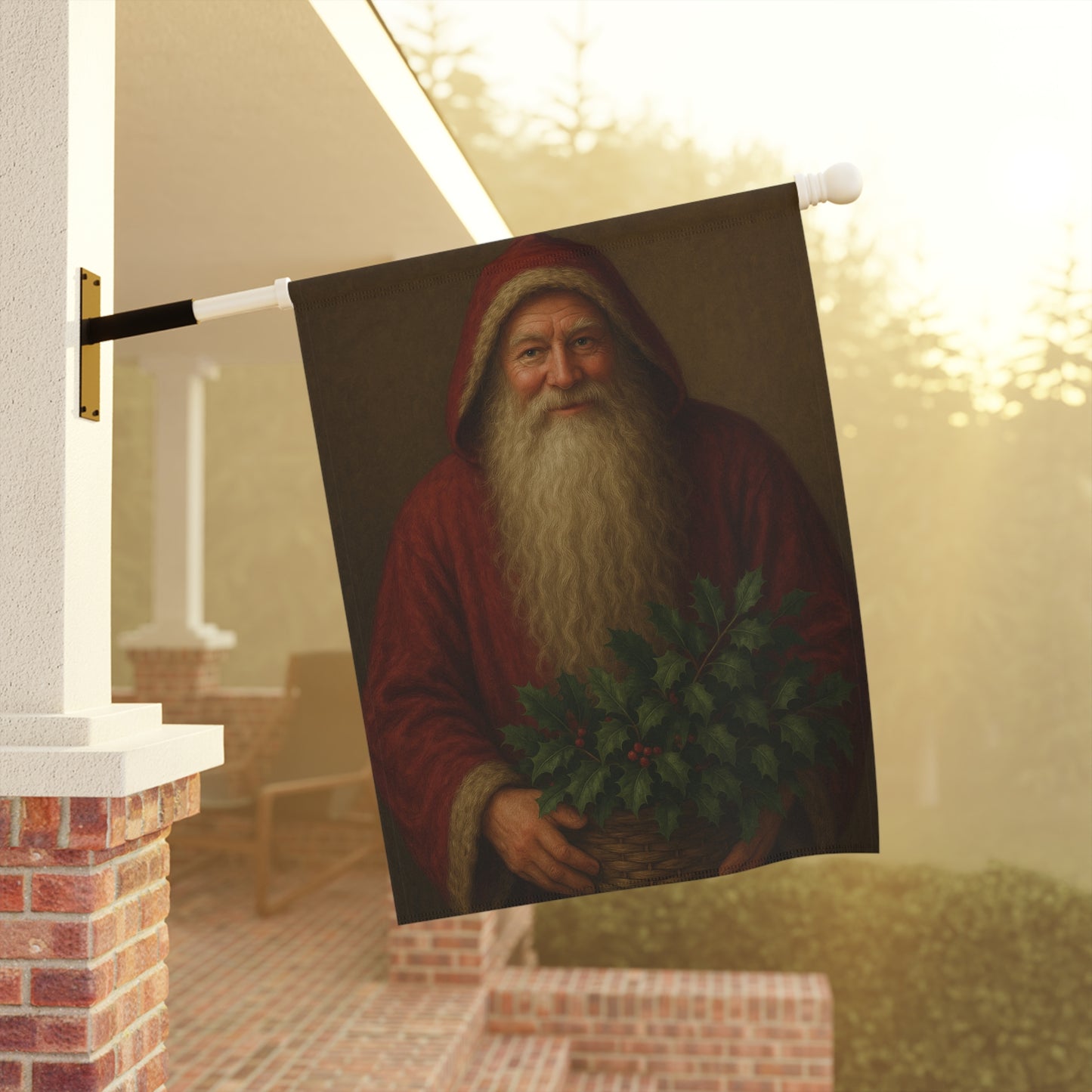 Vintage Santa Garden Flag – Classic Bearded Santa Holding Evergreen Basket