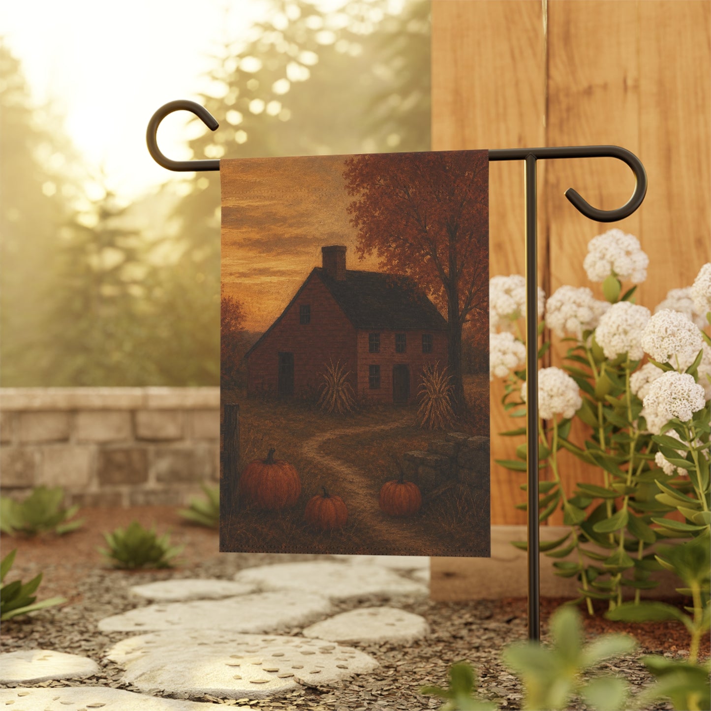 Autumn Farmhouse Garden Flag — Rustic Pumpkin House Fall Banner