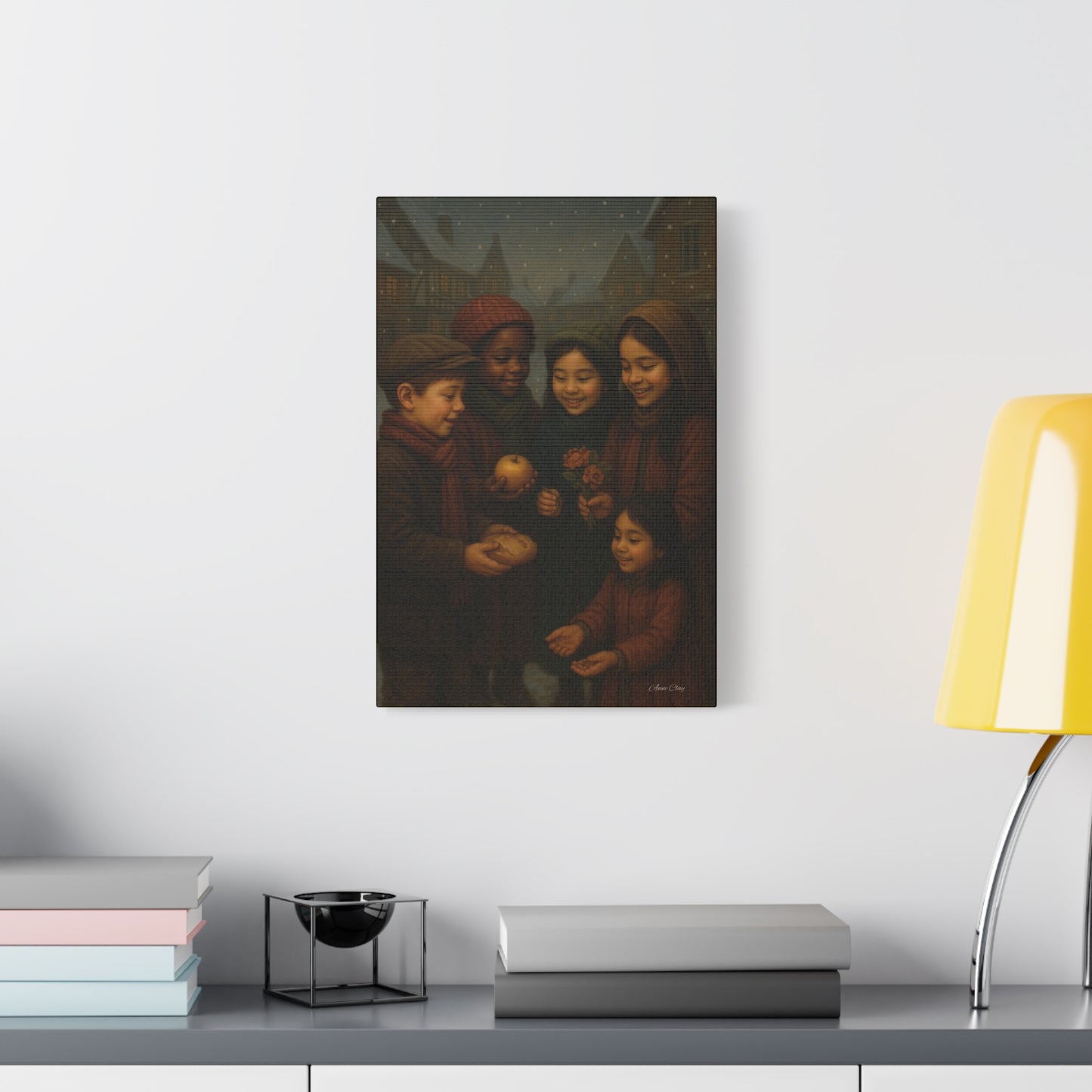 Spirit of Christmas, Open Arms, Sharing Festive Canvas Art Print: Joyful Winter Children Scene